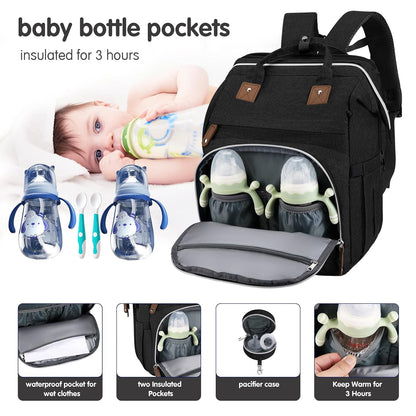 DERJUNSTAR Diaper Bag Backpack, Large Baby Bag with Changing Pad, Thick Padded Back & Straps, Laptop Compartment, Waterproof Travel Backpack with USB Port, Multi-Function for Mom & Dad, Black
