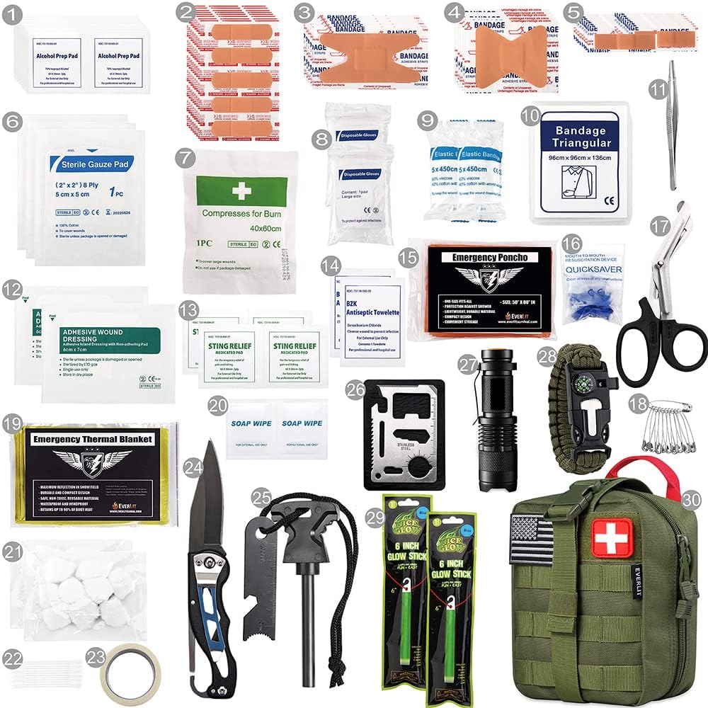 EVERLIT 250 Pieces Survival First Aid Kit IFAK EMT Molle Pouch Survival Kit Outdoor Gear Emergency Kits Trauma Bag for Camping Boat Hunting Hiking Home Car Earthquake and Adventures