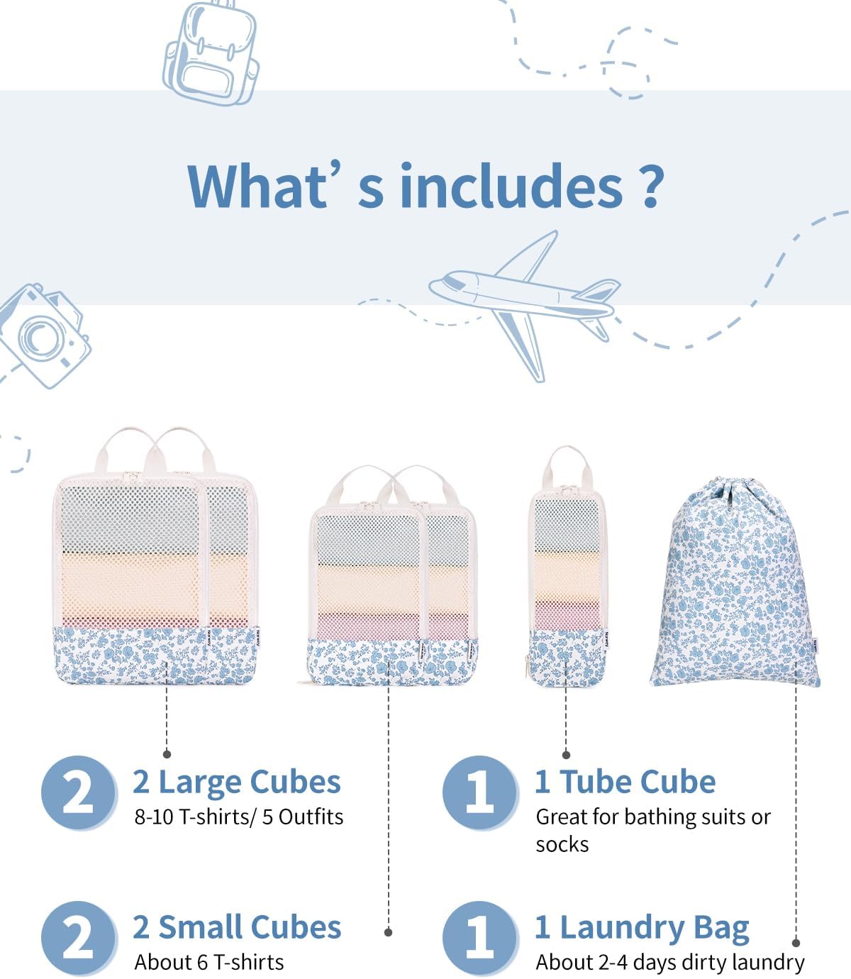 Narwey 6 Set Compression Packing Cubes for Travel Kids Women Carry on, Packing Organizers Bag for Backpack Luggage Suitcase Duffle Bags