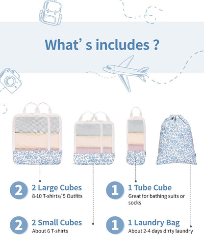 Narwey 6 Set Compression Packing Cubes for Travel Kids Women Carry on, Packing Organizers Bag for Backpack Luggage Suitcase Duffle Bags