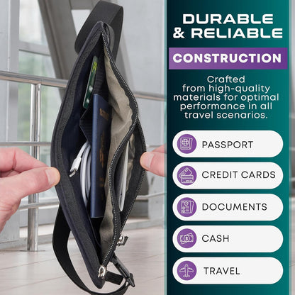 Travel Money Belt & Passport Holder - RFID Blocking Slim Travel Wallet & Fanny Pack for Men and Women - Essential Travel Pouch for Cash, Credit Cards, and Documents (Grey)