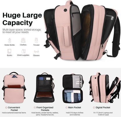 Travel Backpack Carry On Flight Approved, Lightweight Large Travel Backpack, Expandable with USB Charging Hole, Waterproof Causal Bookbag for Travel Work College Fits 17 inch Laptop, Pink