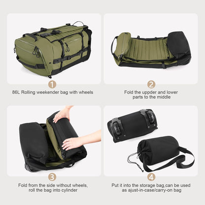 CONTAIL 86L Foldable Wheeled Duffel Backpack with Padded Quilted Bottom, Waterproof Collapsible Travel Duffle Bag with Extended Web Handles,No Telescope Handle,Army Green