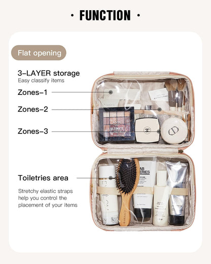 EACHY Travel Toiletry Bag with Hanging Hook, Portable Makeup Cosmetic Bags for Women, Water-Resistant Full-Size Travel Accessories (Pink)