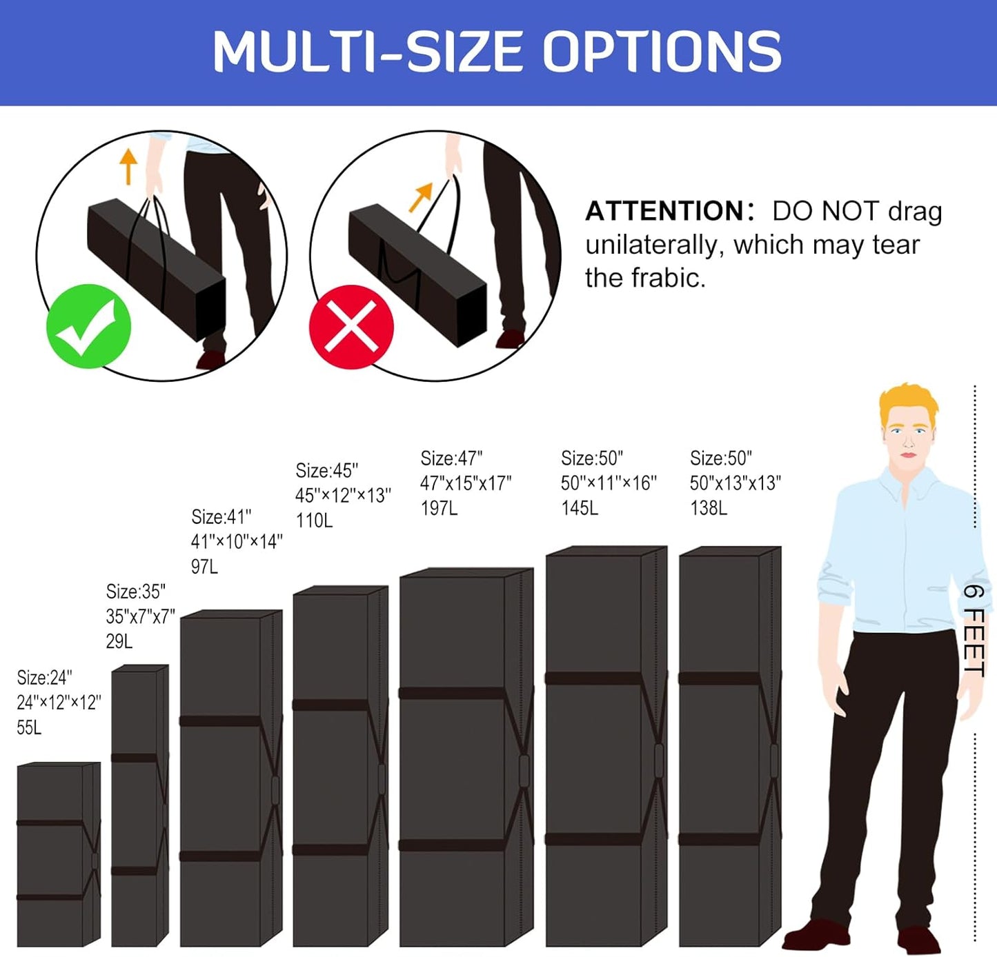 INFANZIA 50inch Sports Duffel Travel Bag, 138L Extra Large Duffel Luggage Bag with Upgrade Zipper, Water Resistant & Foldable Equipment Storage Bag for Camping Tent Tripod Fishing, 2PCS