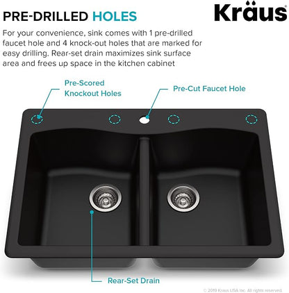 KRAUS Forteza 33-inch Drop in/Undermount 50/50 Double Bowl Granite Kitchen Sink - Image 6