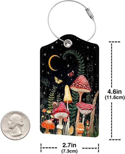 2 Pack Luggage Tag for Suitcase, Cute Unique Leather Bag Tags Identifiers Privacy Cover ID Label with Durable Steel Loop for Women Men Kids Girls Travel, Mushroom House