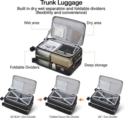 Hanke 24 Inch Luggage with Cup Holder and Charge,Top Opening Hard Shell Suitcases with Wheels and Dividers,Aluminum Frame Trunk Luggage Medium Checked Suitcase with Lock for Travel，Jet Black