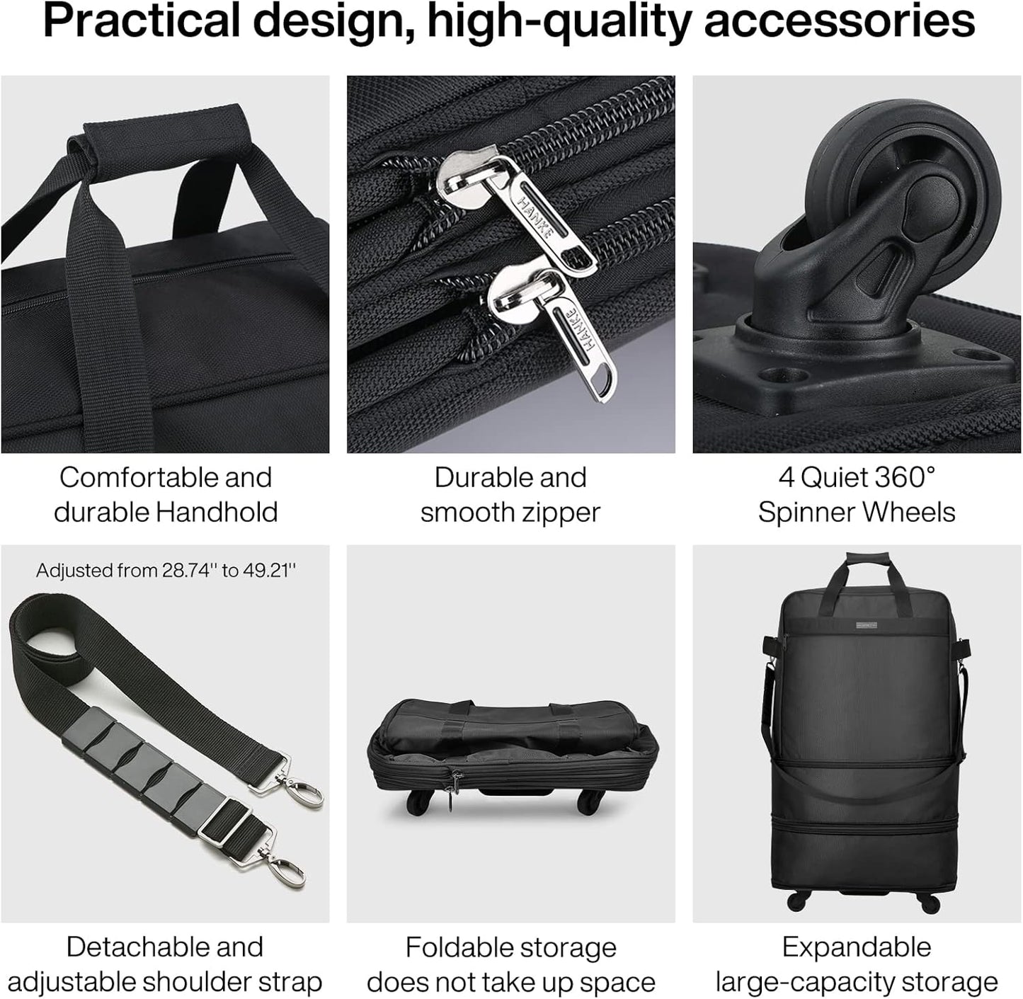 Hanke Suitcases with Wheels Expandable Foldable Luggage Bag Suitcase Collapsible Rolling Travel Bag Duffel Bag for Men Women Lightweight Suitcases without Telescoping Handle, Black