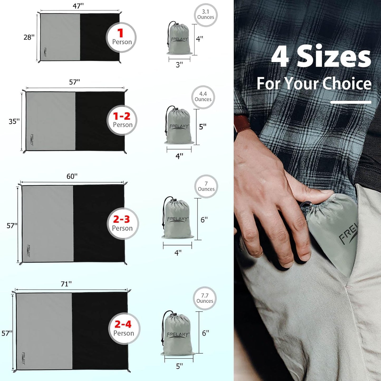 Frelaxy Pocket Picnic Blanket, Waterproof Sandproof Beach Mat, Compact Camping Tarp for Festivals, Hiking, Travel, Outdoor Recreation