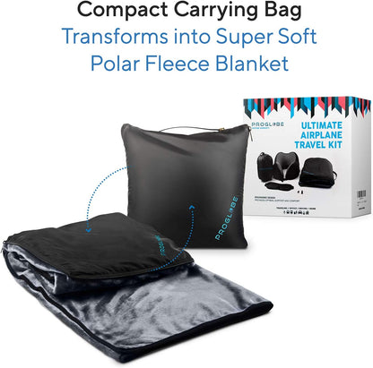Travel Blanket Luxury Travel Set - Ergonomic Airplane Neck Pillow 100% Pure Memory Foam and Super Soft Fleece Blanket - Premium 3D Sleep Mask & Earplugs - Ultimate 4-in-1 Traveling Kit Black