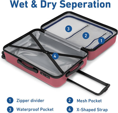 KYME Suitcase Hardshell With Double Spinner Wheels, PC+ABS TSA Lock Travel Luggage (Berry Red, 24" Checked)