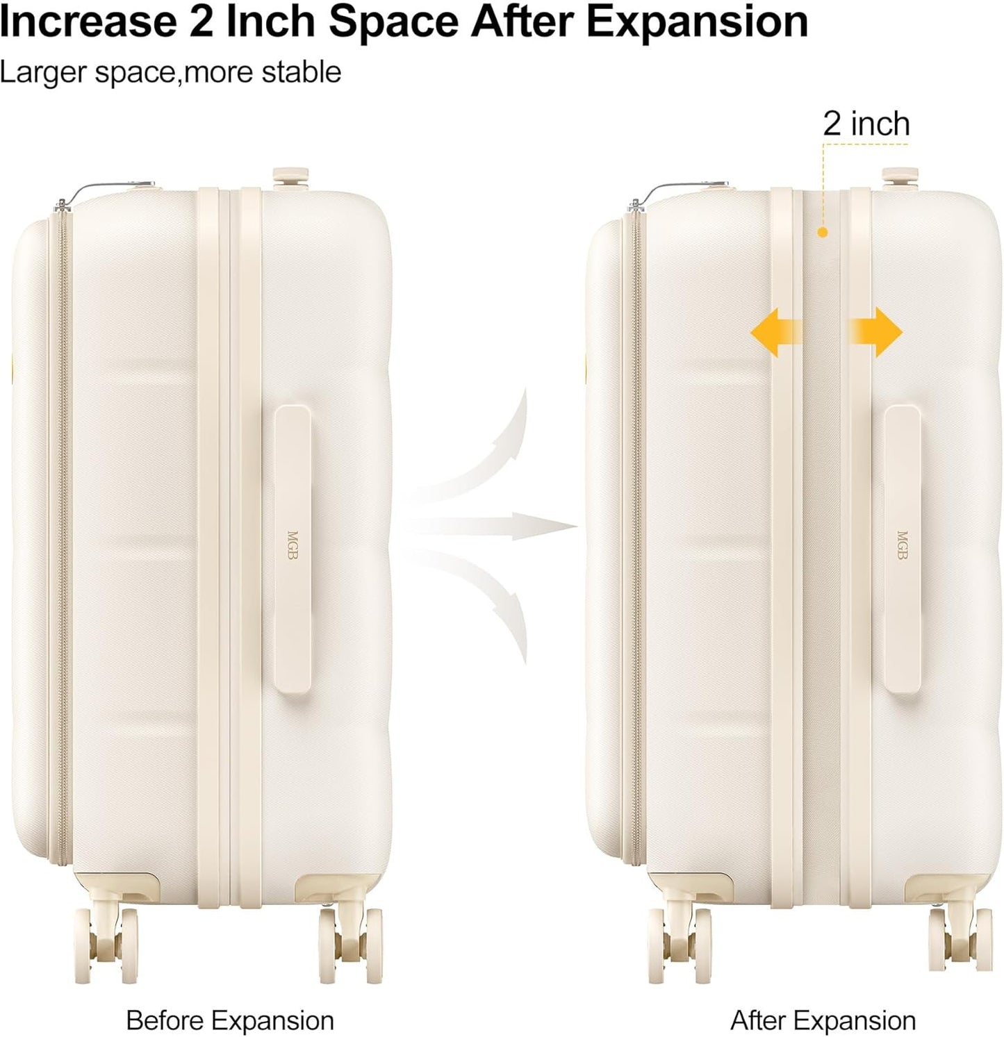 MGB 20 Inch Expandable Carry On Luggage with Wheels PC Hard Shell Suitcase Top Opening Travel Luggage Suitcases for Woman Men Gifts (Cream)