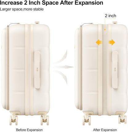 MGB 20 Inch Expandable Carry On Luggage with Wheels PC Hard Shell Suitcase Top Opening Travel Luggage Suitcases for Woman Men Gifts (Cream)