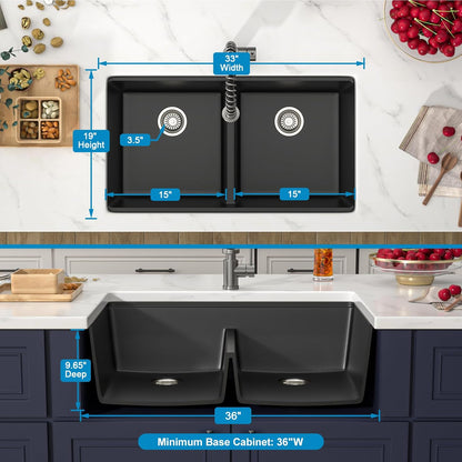 33 Inch Black Undermount Granite Composite Kitchen Sink Under Counter Quartz Single Bowl Sink Workstation Sinks with Accessories Quick Drain Noise Reduction Home Renovation Classic Style