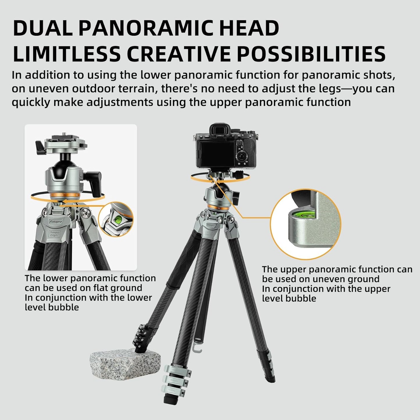 Fotopro Compact Carbon Fiber Travel Tripod, 60 inches Professional Heavy Duty Tripod with Profile Legs Super-Large Ball Head Weatherproof Bag, Fotopro Origin Plus Golden Max Load 44lbs