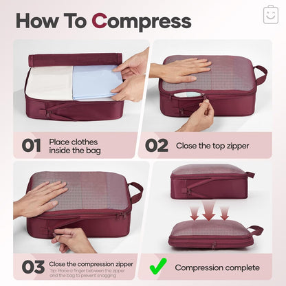 Veken 9/11 Set Compression Packing Cubes for Travel Essentials,Compressible Expandable Large Luggage Suitcase Organizer Bags for Clothing,Durable Space Saver Storage Bags with Toiletry Bags(Wine Red)