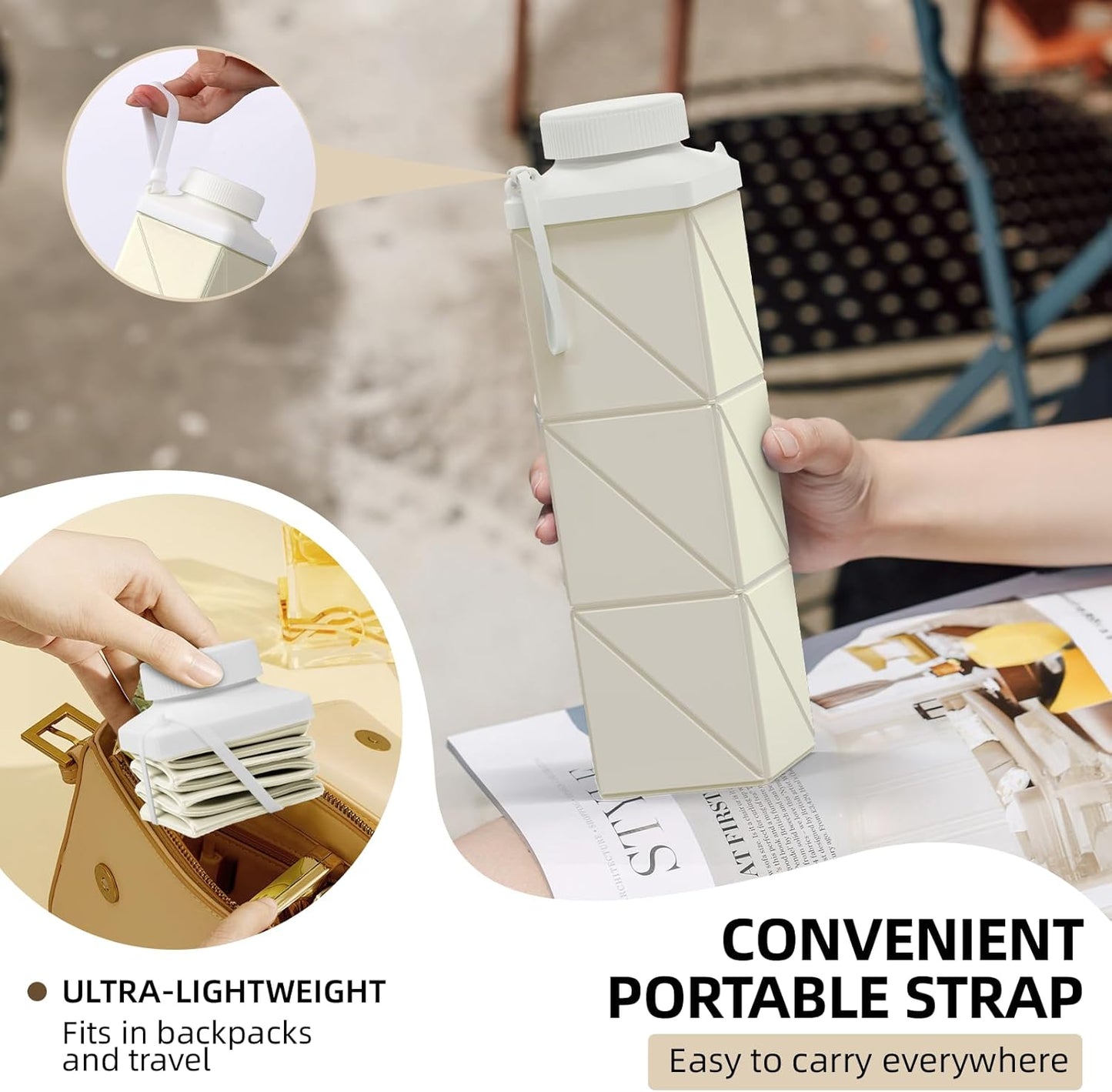 24oz Collapsible Water Bottles–Food-Grade,BPA-Free,Leakproof,Lightweight,Foldable Design Perfect For Travel,Hiking,Camping,Gym,Sports Bottle,Reusable Compact,Ideal Hydration Companion Beige