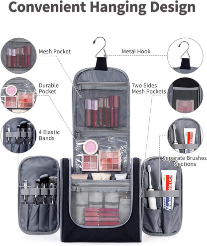 Narwey Hanging Toiletry Bag for Women Travel Makeup Bag Organizer Toiletries Bag for Cosmetics Essentials Accessories (Large, Black)