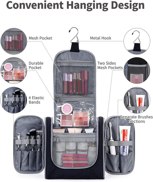 Narwey Hanging Toiletry Bag for Women Travel Makeup Bag Organizer Toiletries Bag for Cosmetics Essentials Accessories (Large, Black)