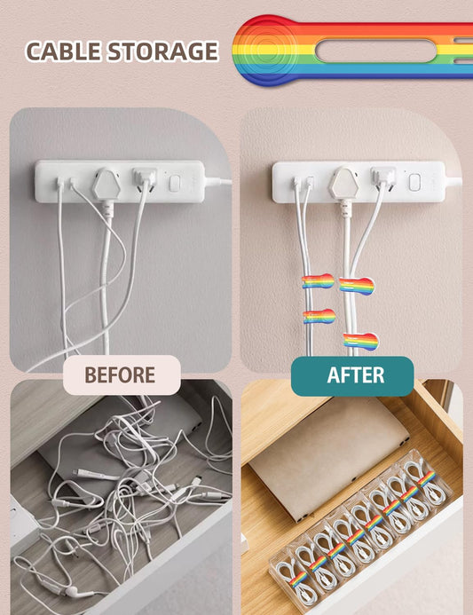 Kanemc 8 Pack Magnet Clips Cord Organizer, Rainbow Colored Reusable Cable Ties Silicone Wire Winder Straps For Travel Charging Cell Phone Cords Storage Whiteboard Markers Refrigerator Magnet