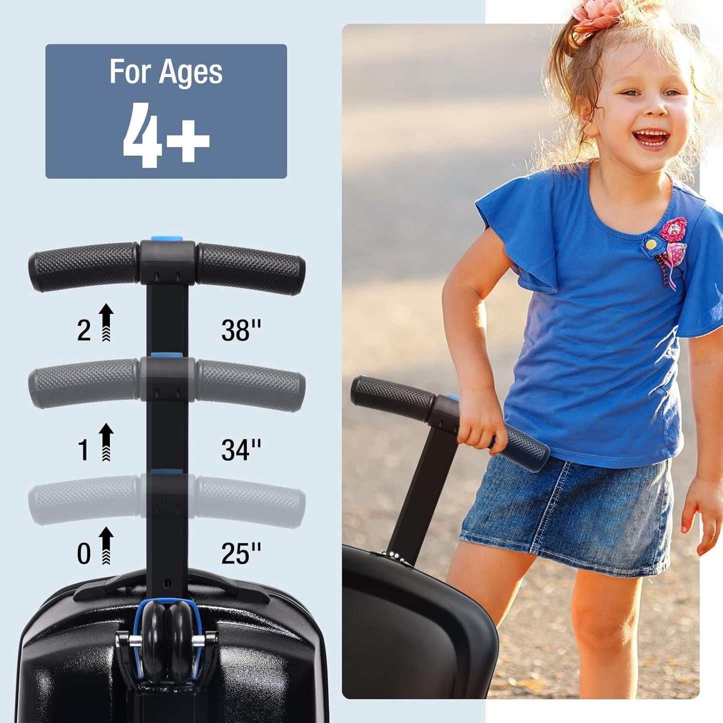 20" Scooter Suitcase for Kids, 2-in-1 Ride On Luggage with Wheels for Boys & Girls Ages 4-15, Foldable Hardshell Carry On Lightweight Travel Suitcase for Airplane