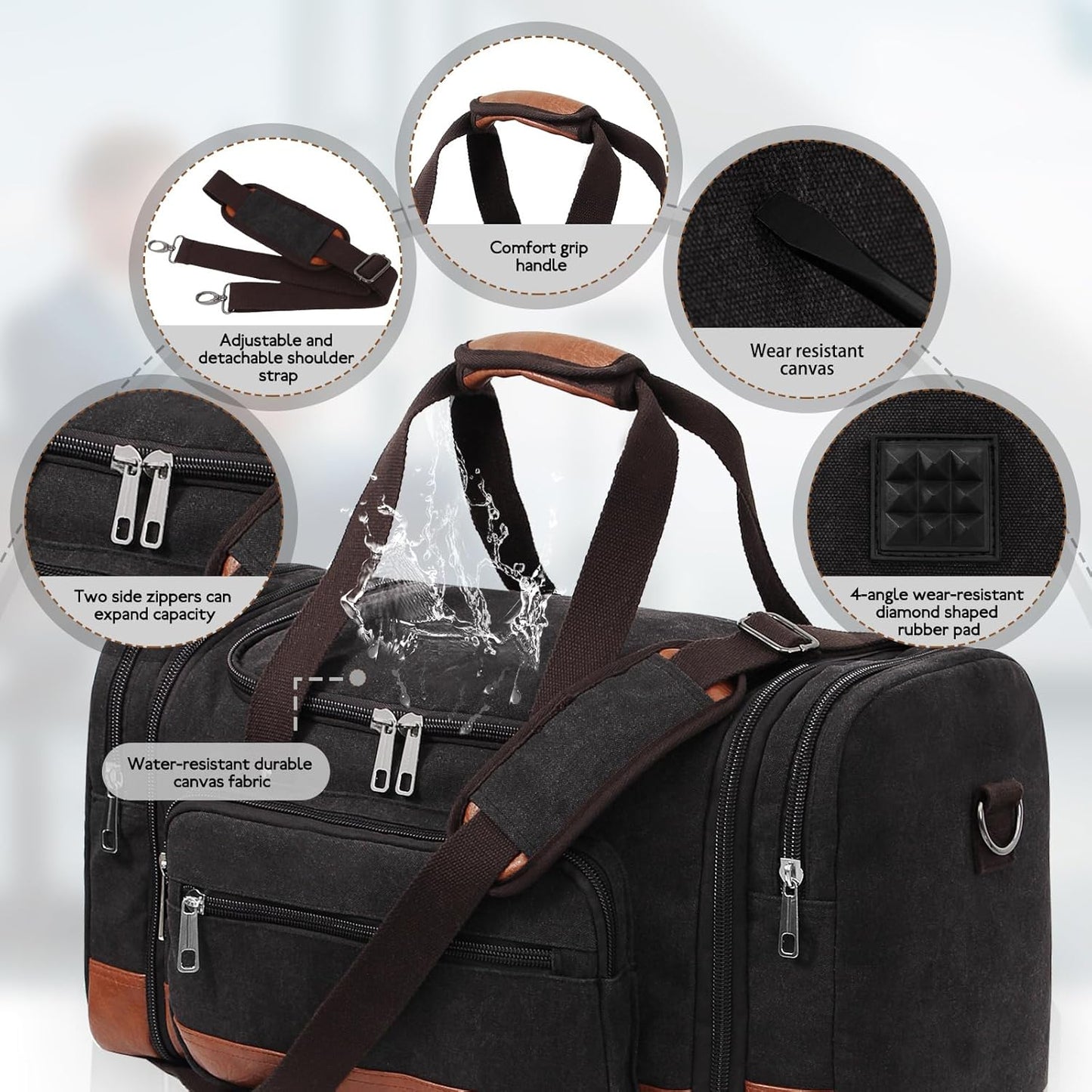 Men'S Duffle Bag For Travel, Expandable Canvas Duffel Bags Overnight Weekend Gym Carry On Luggage Bag For Men(Black)