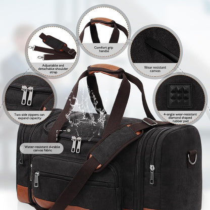 Men'S Duffle Bag For Travel, Expandable Canvas Duffel Bags Overnight Weekend Gym Carry On Luggage Bag For Men(Black)