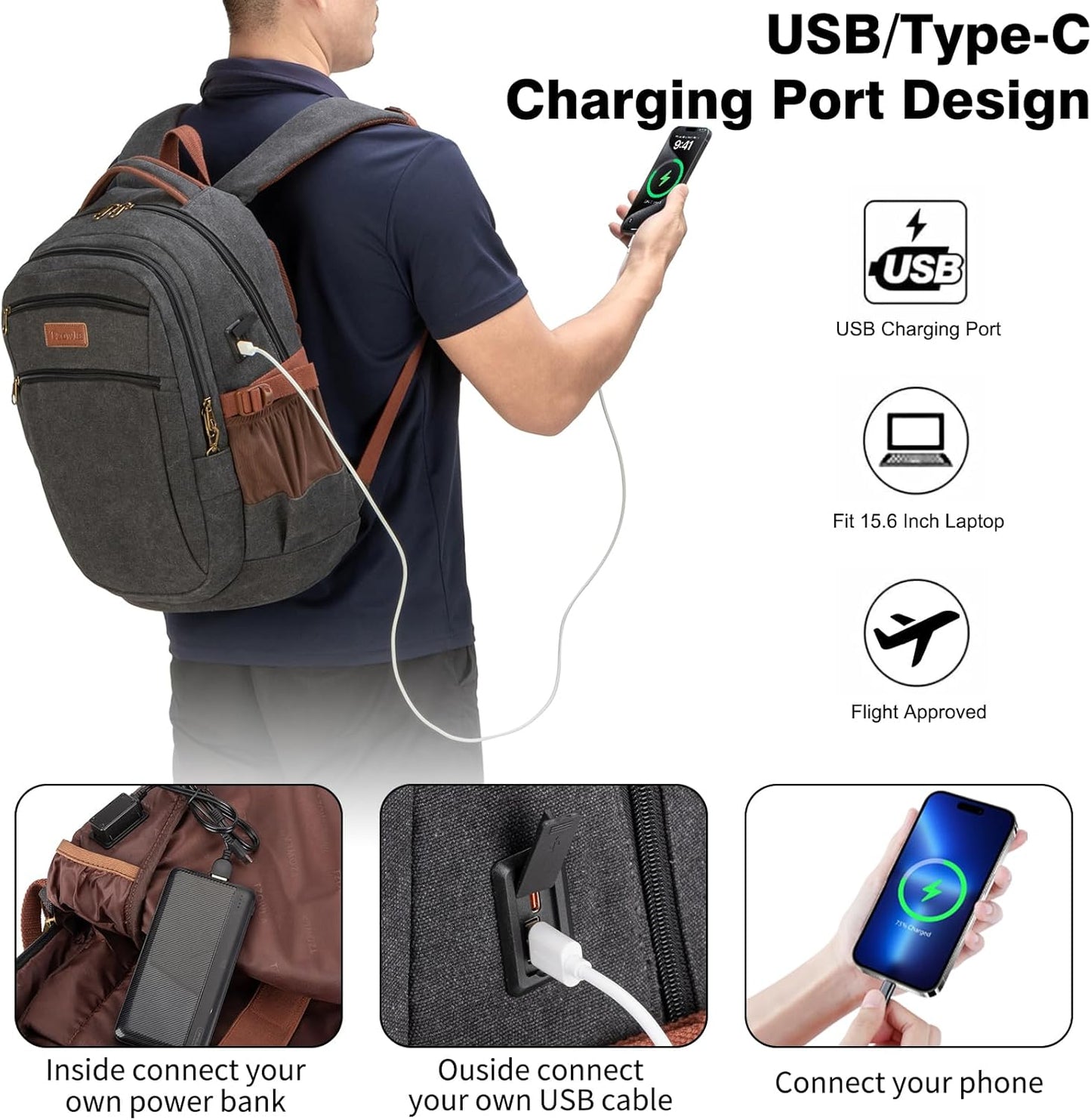 Tzowla Vintage Canvas Laptop Backpack for Men and Women,College Travel Work Rucksack with USB/Type-C Charging Port,Lightweight Bookbag Hiking Casual Daypack Backpacks Fit 15.6 Inch Notebook(Black)