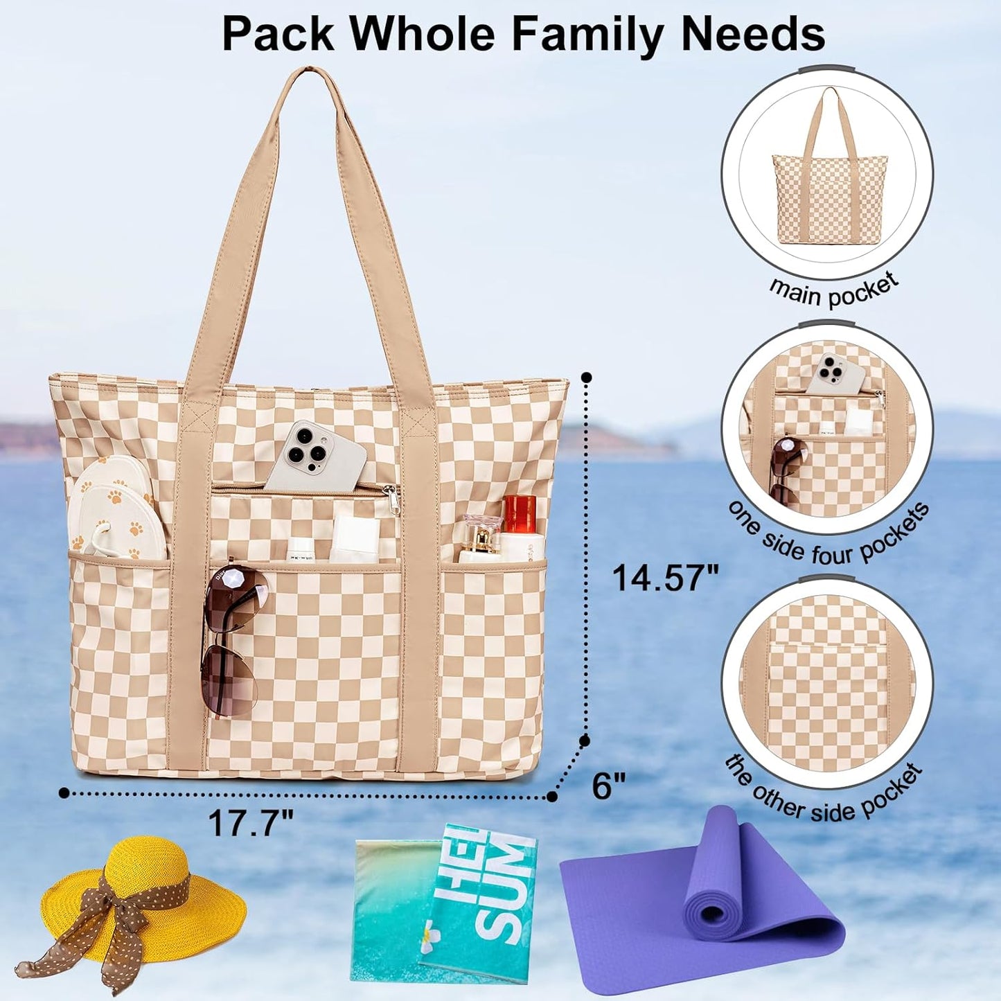 LEDAOU Beach Bags for Women, Beach Bags Waterproof Sandproof, Packable Beach Tote Bag with Zipper Travel Sports