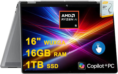 HP OmniBook X Flip Copilot+ AI PC 2-in-1 Laptop | 16" WUXGA Touch (400nits) | AMD 6-core Ryzen AI 5 340 (Up to 50 Tops) | 16GB DDR5 1TB SSD | Backlit 5MP IR Privacy Camera Win11Pro w/DLCA Accessory