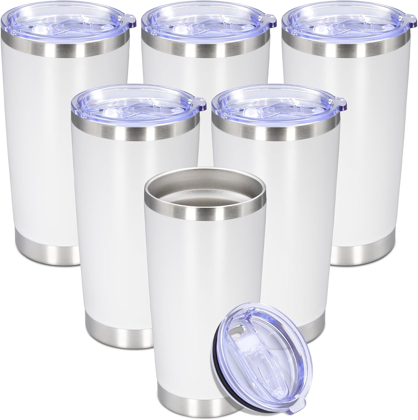 20 oz Tumbler with lid Double Wall Vacuum Insulated Tumblers Stainless Steel Coffee Mug Travel Coffee Tumbler Powder Coated Tumbler Cup Keep Hot&Cold - (White 6 Pack)