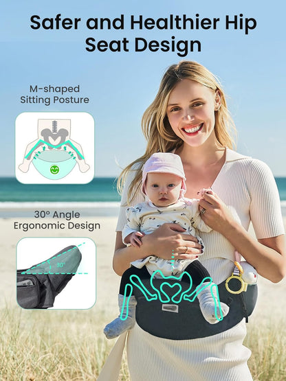 Baby Hip Seat Carrier, GROWNSY Ergonomic Hip Seat Baby Carrier with Multiple Pockets, Adjustable Extended Waistband for Newborns & Toddlers up to 50 lbs, Grey