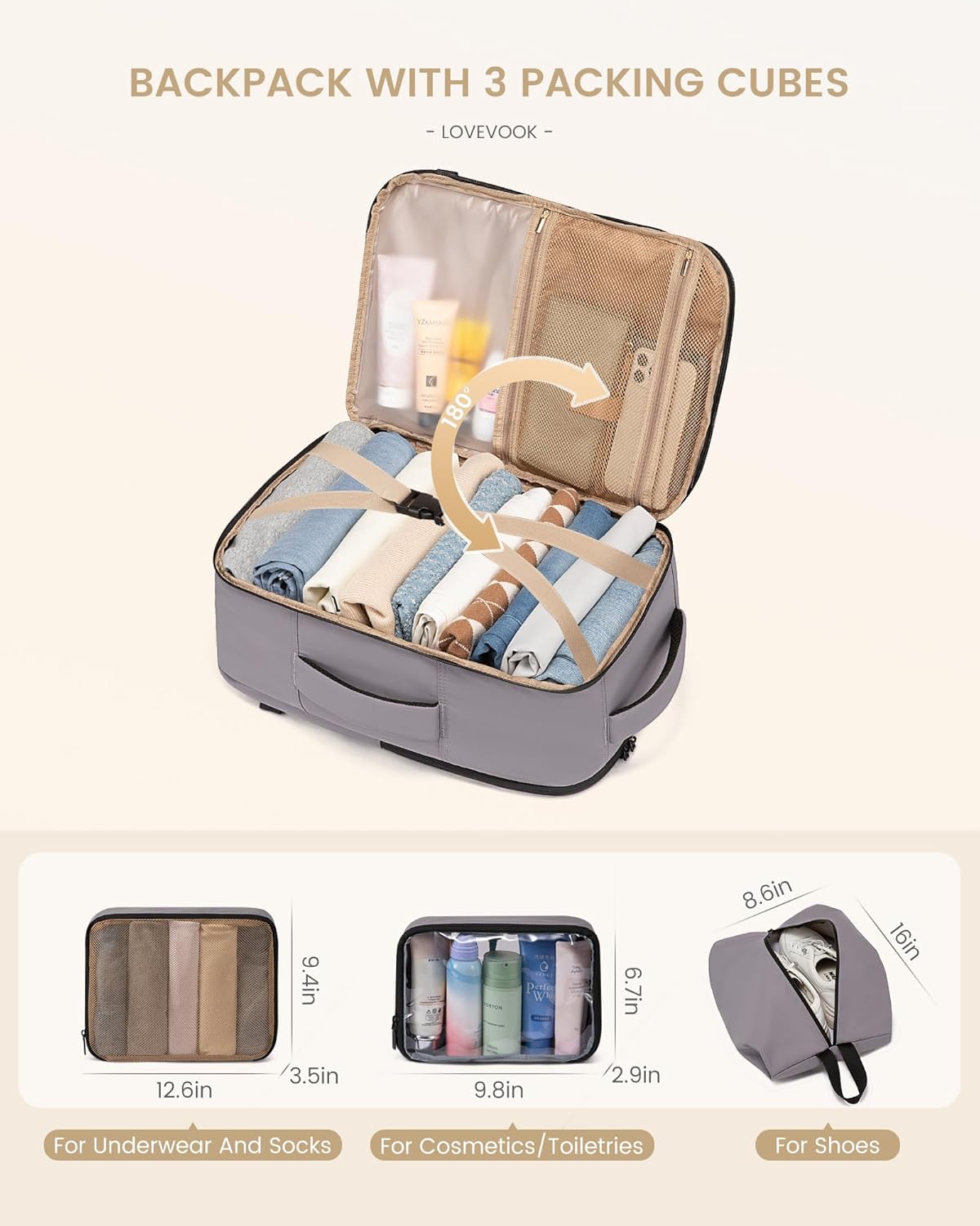 LOVEVOOK Travel Backpack for Women & Men, 50L Large Carry On Backpack Airline Approved, TSA Personal Item Weekender Bag, Water Resistant Laptop Backpacks with 3 Packing Cubes for Travel Essentials