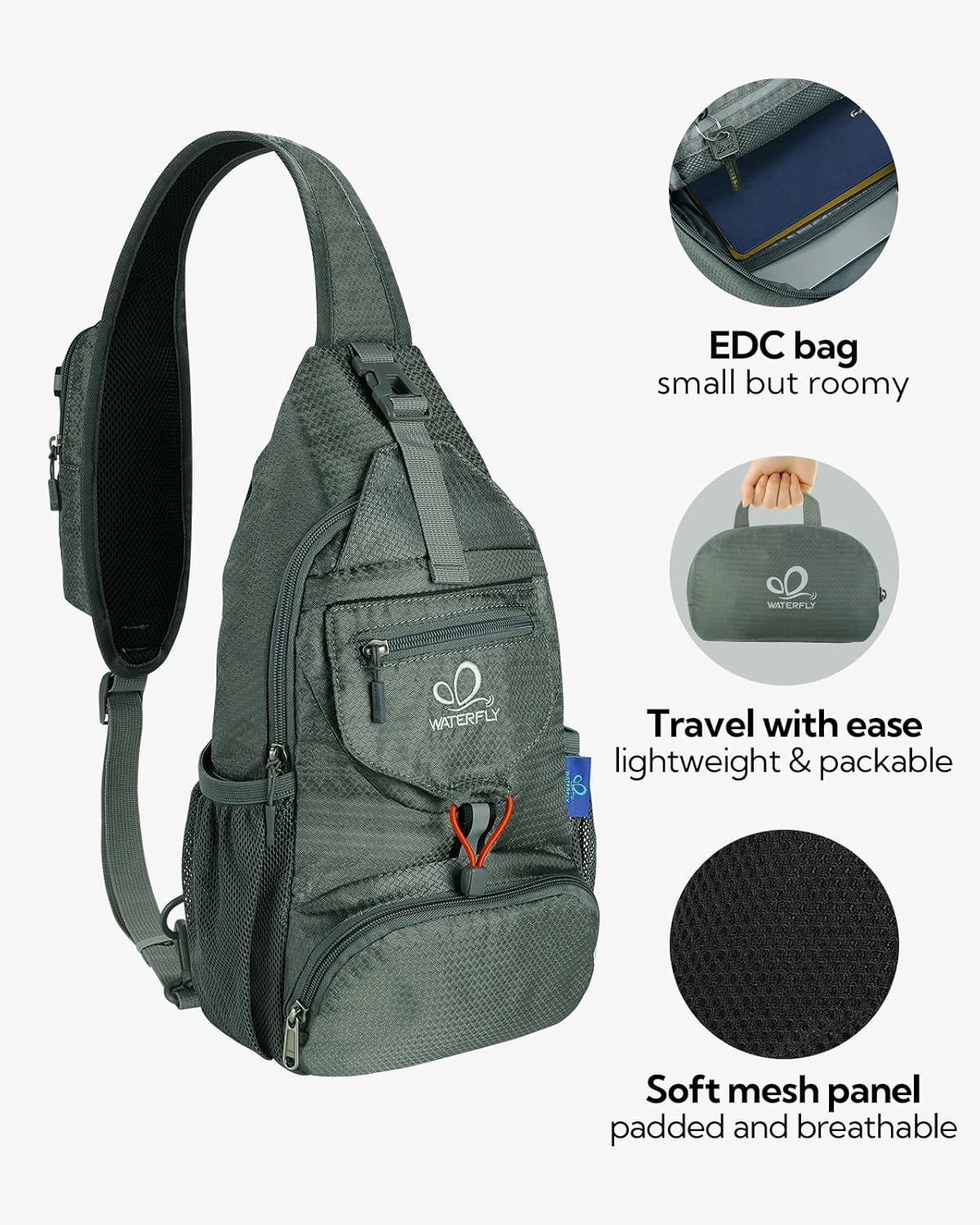 WATERFLY Packable Small Crossbody Sling Backpack Shoulder Chest Bag Daypack for Hiking Traveling