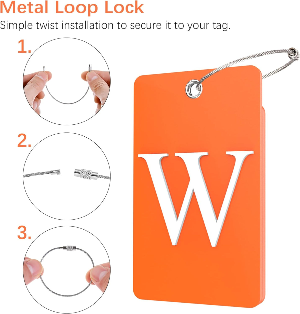 Gostwo 2 Pack Luggage Tags for Suitcases, 26 Initial Letter Travel Luggage Baggage Identification Labels ID Tag Fully Bendable Tags with Stainless Steel Loop (Orange) (Letter W)