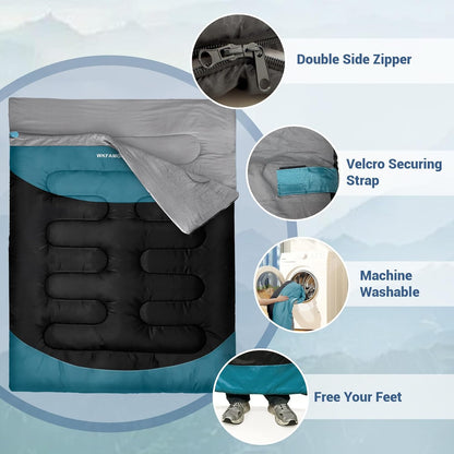 Double Sleeping Bag for Adults Machine Washable 2 Person Camping Sleeping Bag Queen Size Waterproof with Compression Sack for Cold Weather 3-4 Seasons