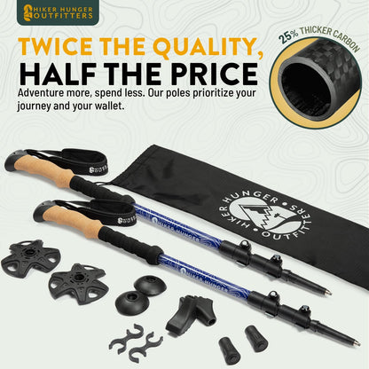 100% Carbon Fiber Trekking Poles by USA Brand - Ultra Strong Lightweight Collapsible Hiking Poles with Cork and EVA Foam Grips & Quick Adjustable Flip Locks