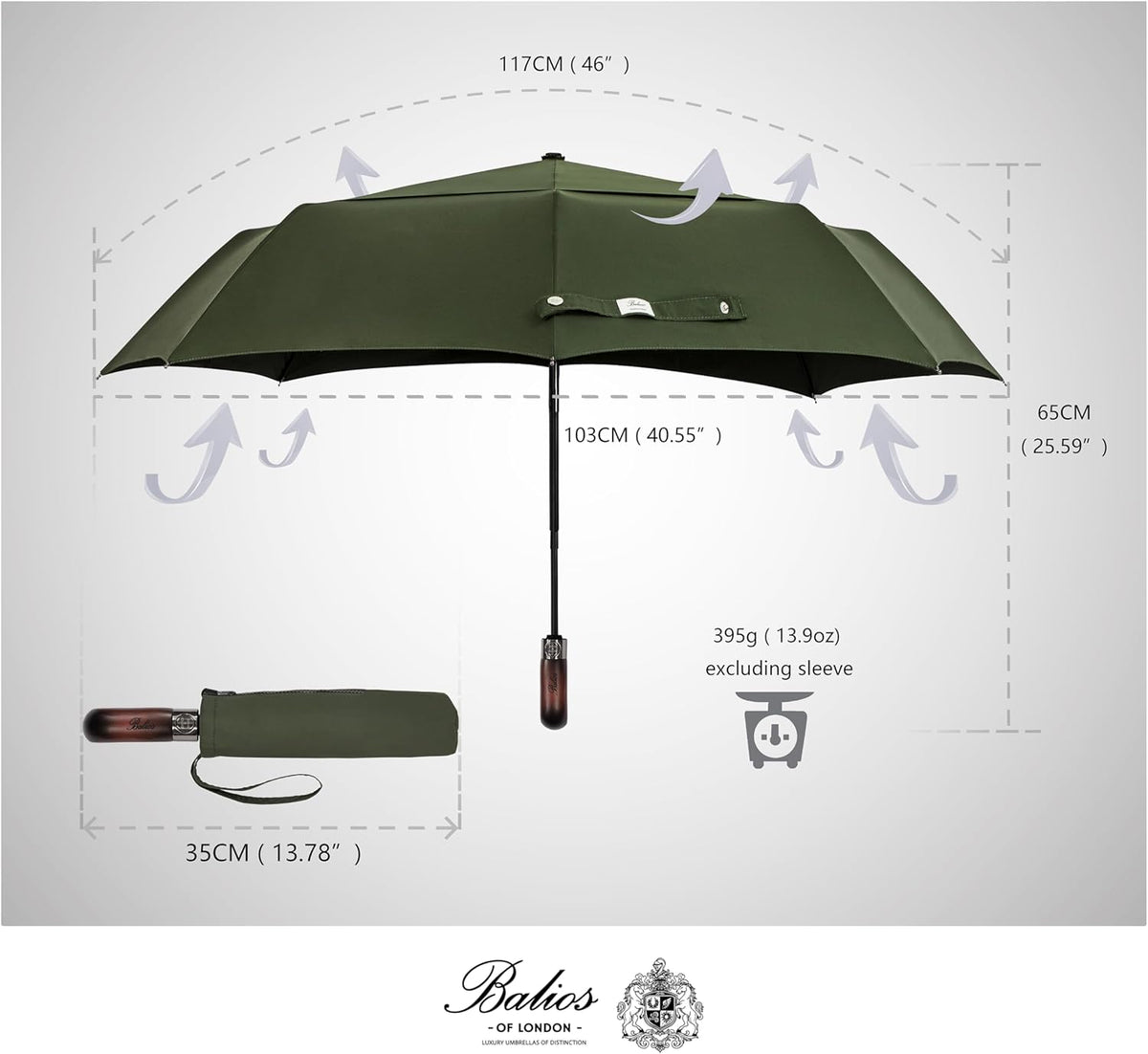 Balios Travel Folding Umbrella with Real Wood Handle Auto Open Close Vented Windproof Canopy - Designed in UK