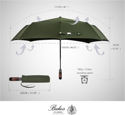Balios Travel Folding Umbrella with Real Wood Handle Auto Open Close Vented Windproof Canopy - Designed in UK