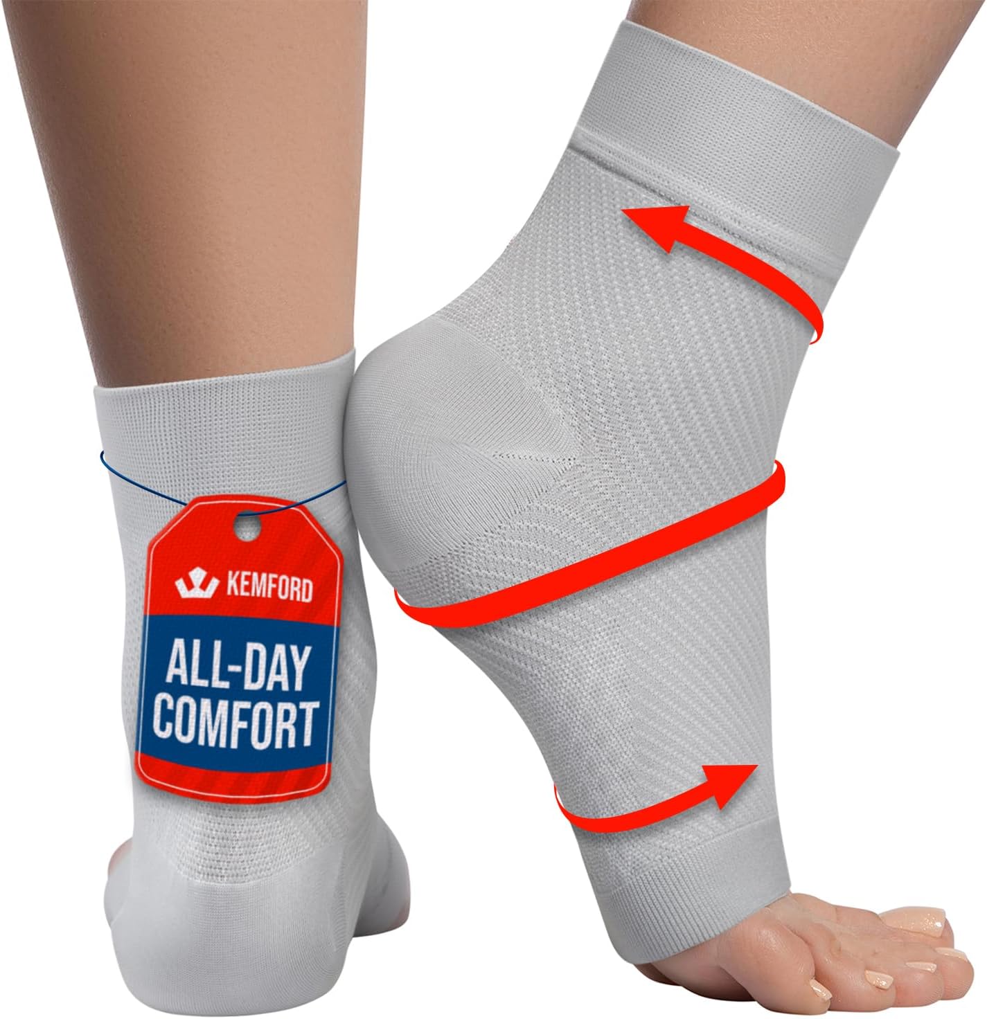 KEMFORD Ankle Compression Sleeve - Plantar Fasciitis Braces - Open Toe Compression Socks for Swelling, Sprain, Neuropathy, Foot Arch Support for Men and Women - 20-30mmhg, L, Grey