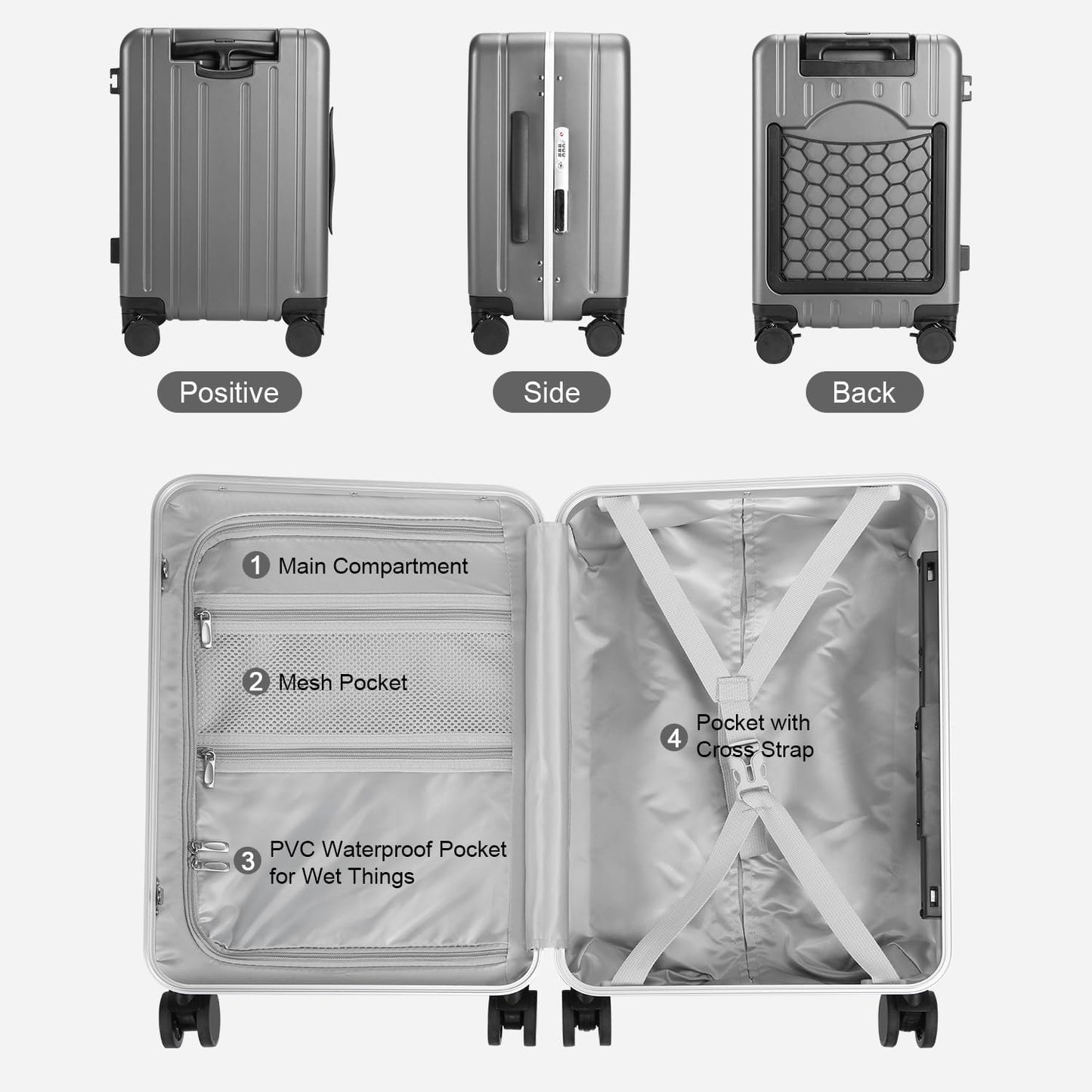 MRPLUM Carry On Luggage Double Handle Suitcase with Net Pocket,Hard Shell Spinner Wheels Luggage with TSA Lock&Seat Belt,20 inch,Grey