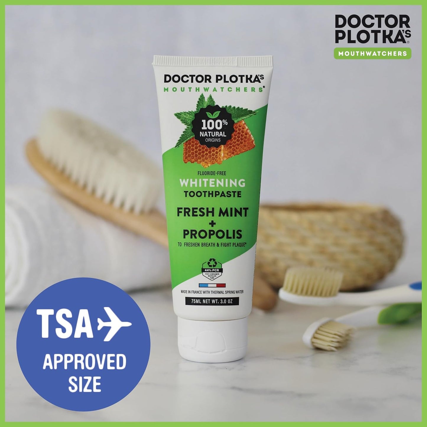 MOUTHWATCHERS Whitening Fluoride Free Naturally Sourced Toothpaste, 2 Tubes, 3 oz Each, for Sensitive Teeth and Gums, Fresh Organic Mint and Organic Propolis, by Dr. Plotka's