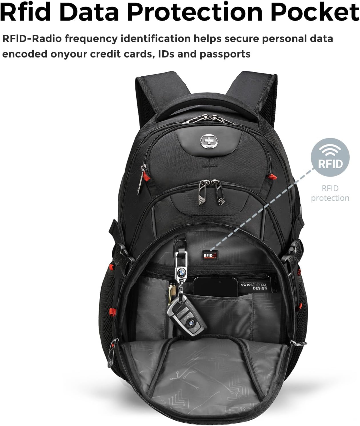 Swissdigital Design Laptop Backpack with USB Charging Port, TSA Travel Backpack Fits 15.6 inches Computer, 31L College School Backpack for Men, Black | SD803