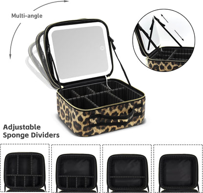 Makeup Bag with Light Up Mirror, Lighted Travel Makeup Organizer 3 Colors Adjustable Brightness, Makeup Bag with Mirror and Light, Travel Train Case Portable Cosmetic Bag for Women(Leopard)