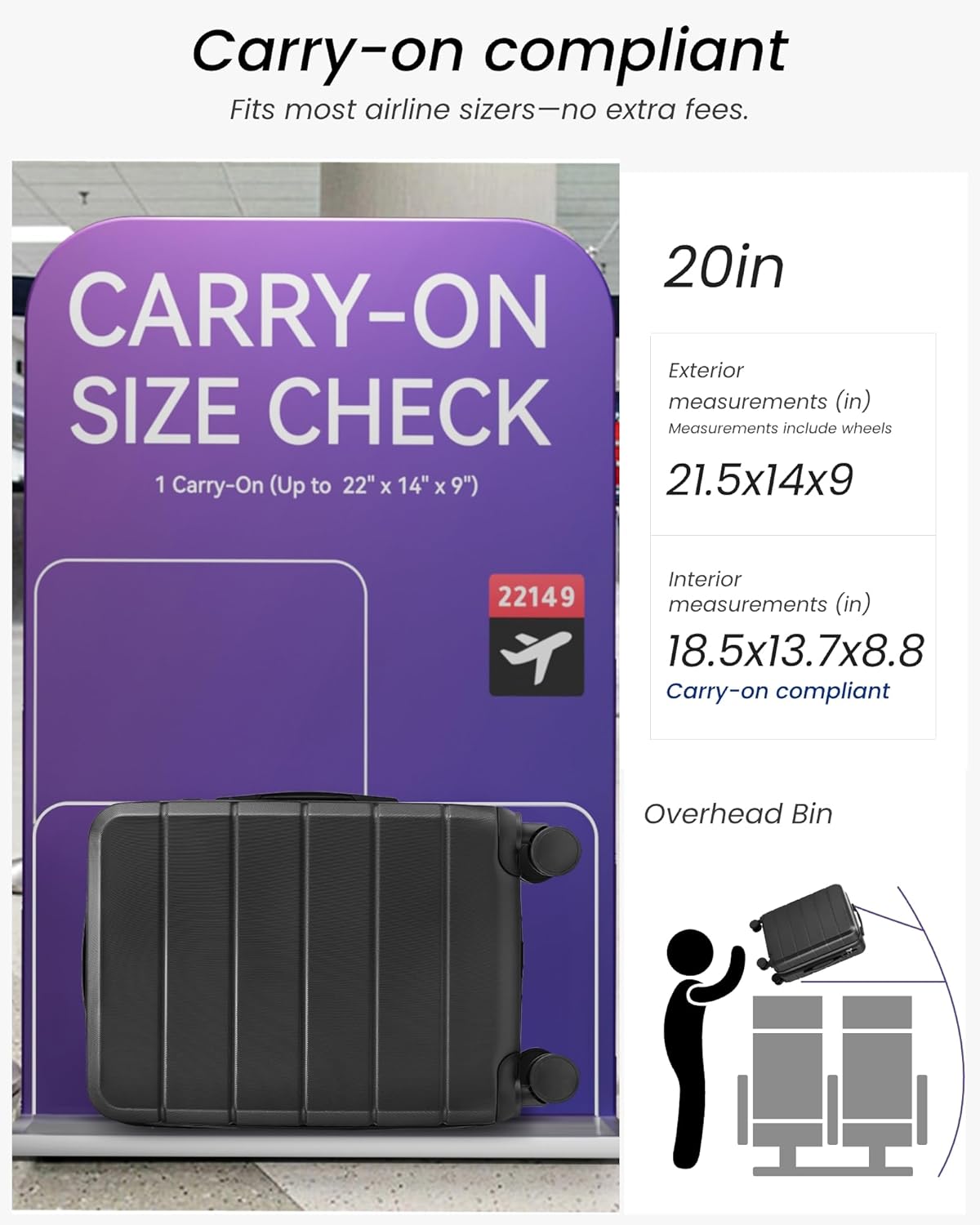 Carry On Luggage 22x14x9 Airline Approved with Spinner Wheels, Expandable Hardside Suitcase, Black