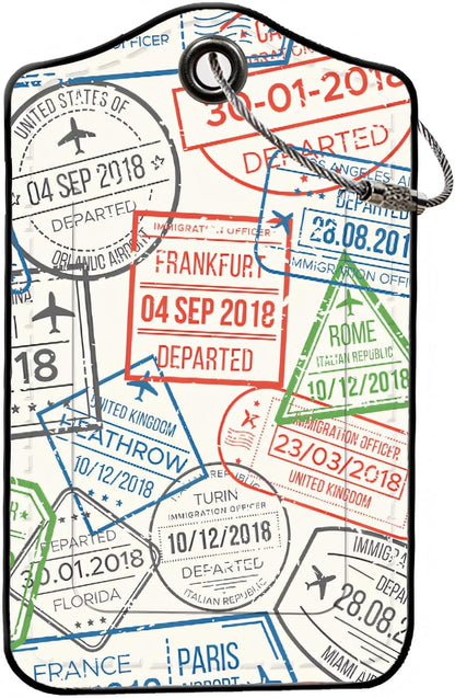 Luggage Tags for Suitcases, 2-Pack PU Leather for Cruise & Travel, Baggage ID Tags with Privacy Cover & Address Card, Durable Metal Ring, Kids Adults Travel Accessories, Global Stamps