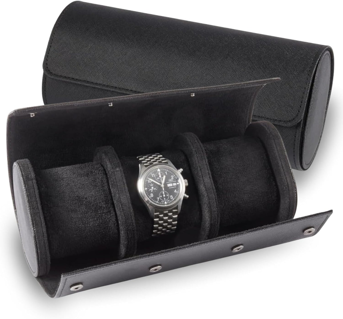 Bey-Berk Milani Leather Watch Roll - Luxury 3 Watch Travel Case for Men, Women, Genuine Leather with Soft Velour Lining and Snap Closure - Black
