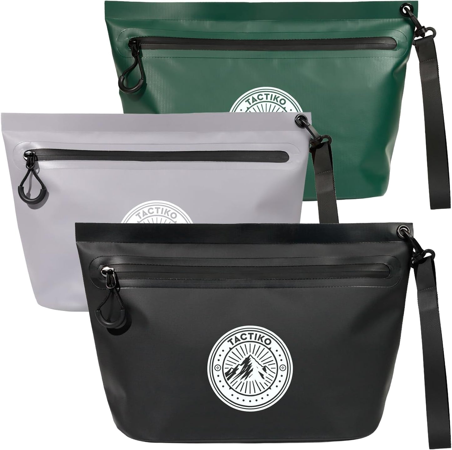 3-Pack Tactiko Heavy-Duty Splash Water Resistant Zipper Pouches - Hold-All Organizers for Dry Bags, Travel Bags (3, Black/Gray/Green)