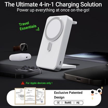 3-in-1 Portable Charger, 10000mAh Foldable Power Bank Fast Charging,MagSafe Charger Battery Pack Magnetic,Travel Wireless Charging Station for iPhone 16/15/14/13/12,iWatch, Air pods, White